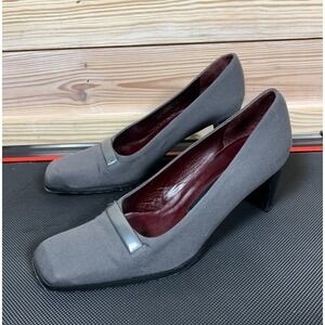 Martinez Valero Pumps 8 Structured Square Toe Gray Twill Leather Block Heel Vtg